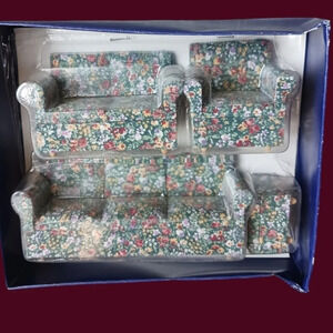Vtg dollhouse miniature floral mid century living room set of 4